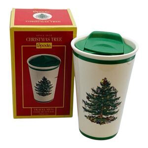 Spode Christmas Tree Ceramic Travel Mug With Silicone Lid NIB 8oz
